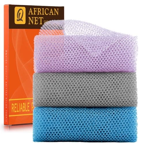 UJFQBH 3 Pieces African exfoliating net African Net Long Net Bath Sponge Exfoliating Shower Body Scrubber Back Scrubber Skin Smoother,Great for Daily Use (Purple Gray Blue)