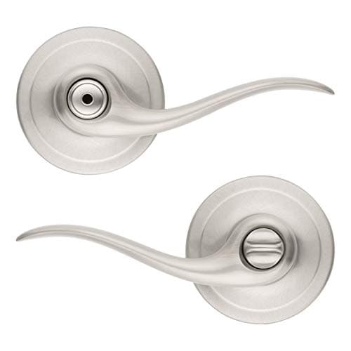 Kwikset Tustin Interior Privacy Door Handle with Lock Door Lever For Bathroom and Bedroom Satin Nickel Reversible Keyless Turn Lock with Microban Protection