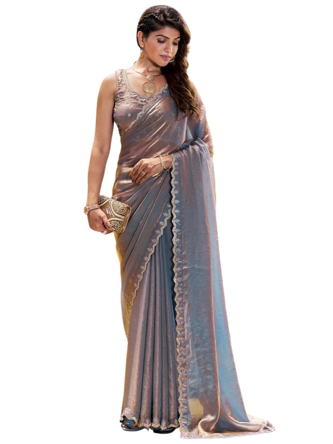 NIRLABH EMBELISHED BEADS AND STONES PURE CHIFFON SAREE With Unstitched Blouse (METALLIC)