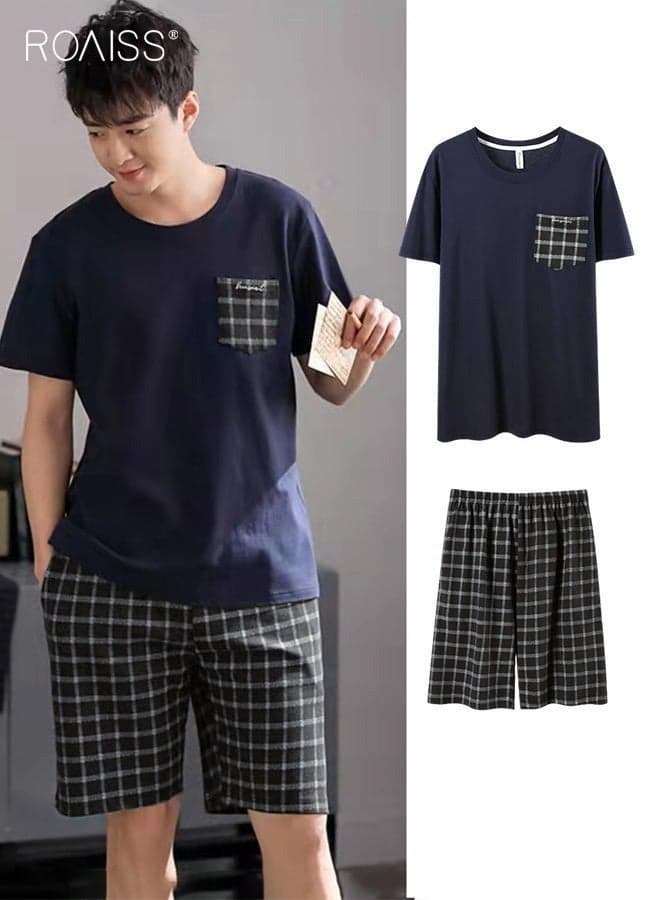 Men 2PCS Summer Pajamas Outfit, Soft Checkered Loungewear Set with Short Sleeve Top and Elastic Waist Shorts, Skin-friendly Cooling Sleepwear Jammies for Men, Perfect for Sleeping or Lounging Around Your House