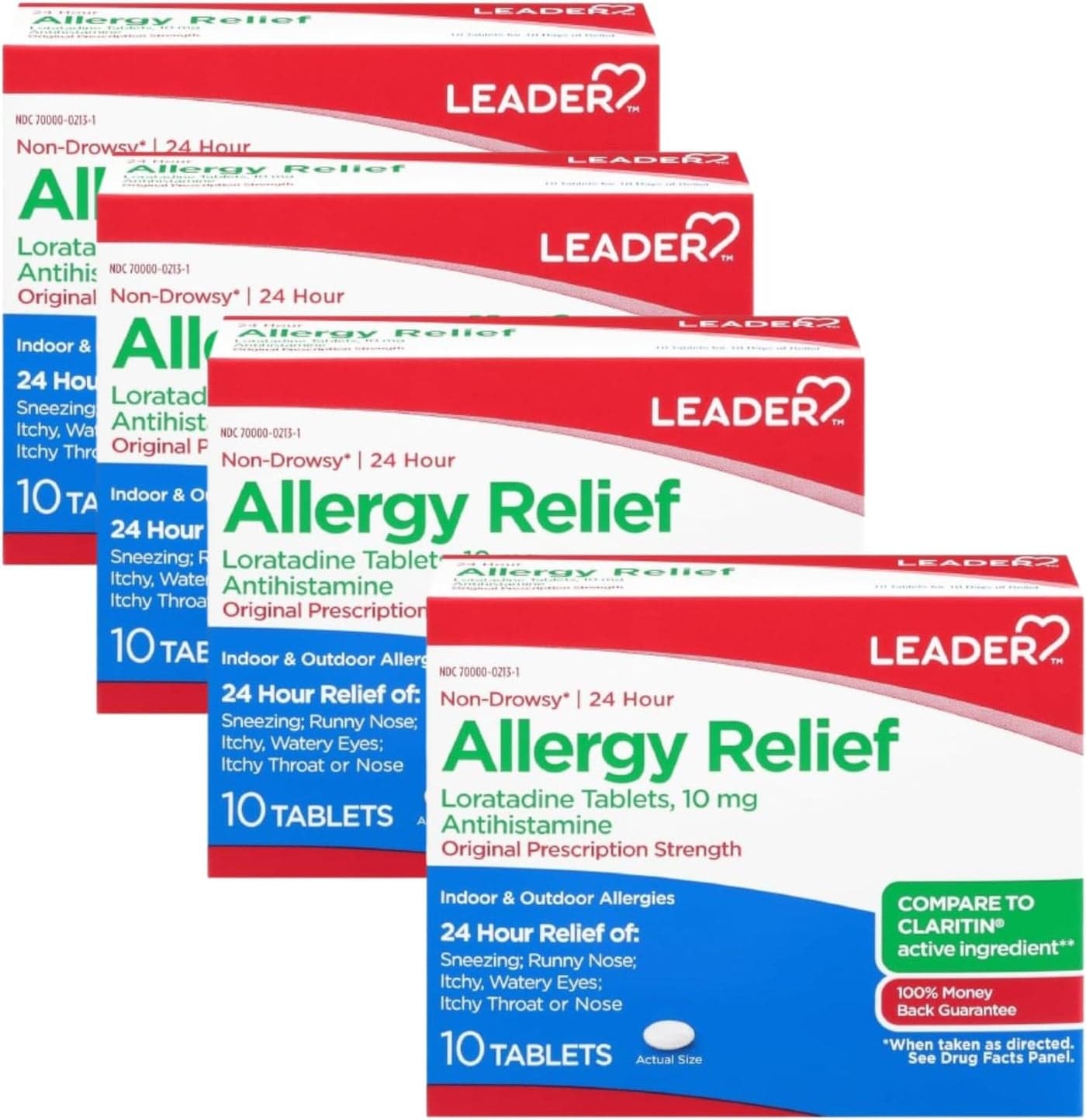 Leader 24 Hour Allergy Relief, Loratadine 10mg Tablets, Non-Drowsy, Antihistamine, Indoor and Outdoor, Counteract Allergy, 10 Tablets, Pack of 4