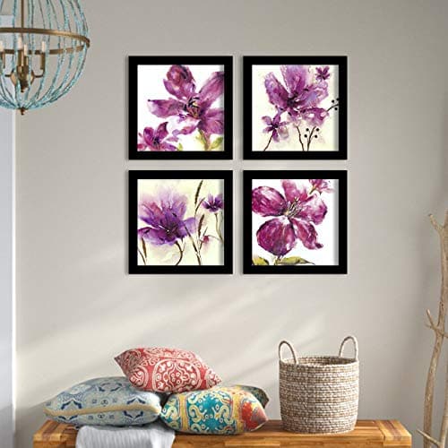 PAINTINGMANTRA Purple Breez Flower Framed Painting/Posters for Room Decoration, Set of 4 Black Frame UV Textured Art Prints/Posters for Living Room (4 Unit, 9 x 9 Inches)