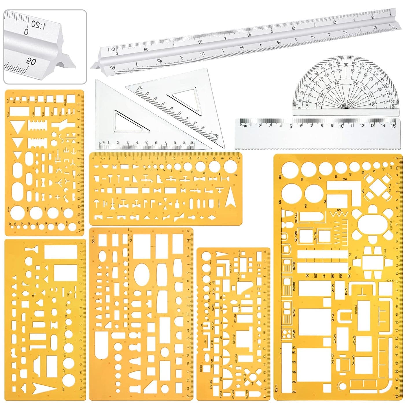 Zonon 10 Pcs Plastic Drawing Template Ruler Geometric Drawing 12 Inch Triangular Aluminum Architect Scale Measuring Templates Building Geometric Kit Plastic Ruler for DraftingStylishYellow