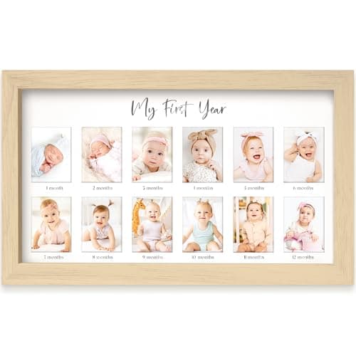 My First Year Photo Frame, 12 Months Baby Picture Frame for Newborn Girl,Boy - Baby Shower Gifts Keepsakes,Monthly Baby's One Year Birthday Milestone,1st Nursery Photo Collage Display Board (Ash Wood)