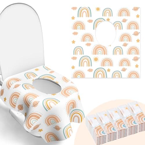 30 Pack Toilet Seat Covers Disposable Individually Wrapped for Travel Large Waterproof Potty Covers for Kids and AdultsToddler Potty Training for Public Restroom Airplane Trip Rainbow