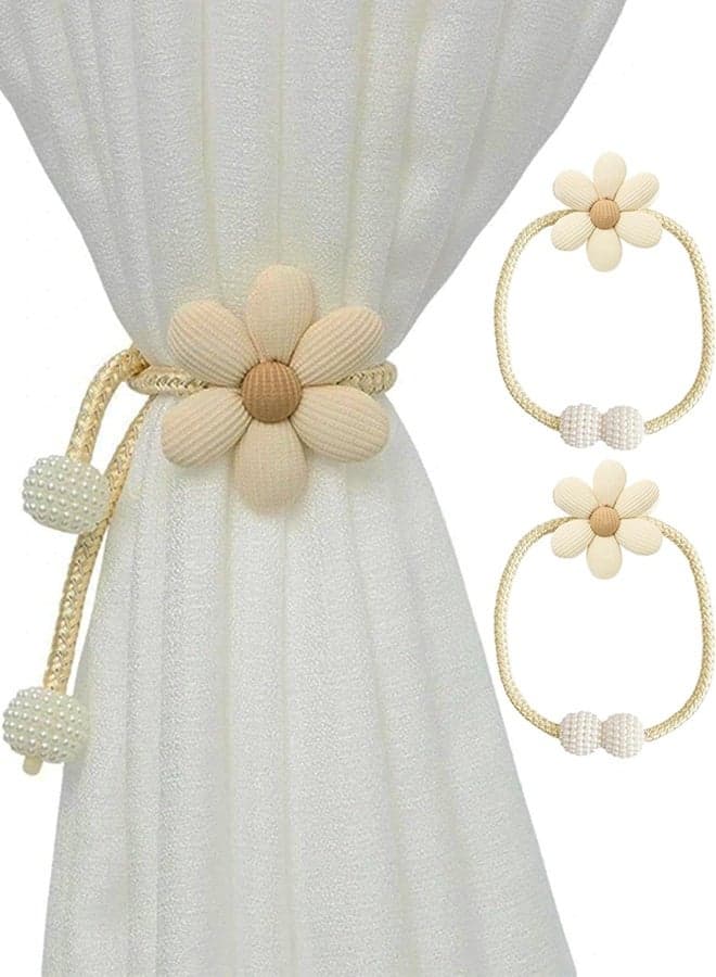 2 Pack Curtain Tie Backs, Elegant Flower Curtain Holdbacks with Pearl Ball, No Punching Design for Home & Office Decor