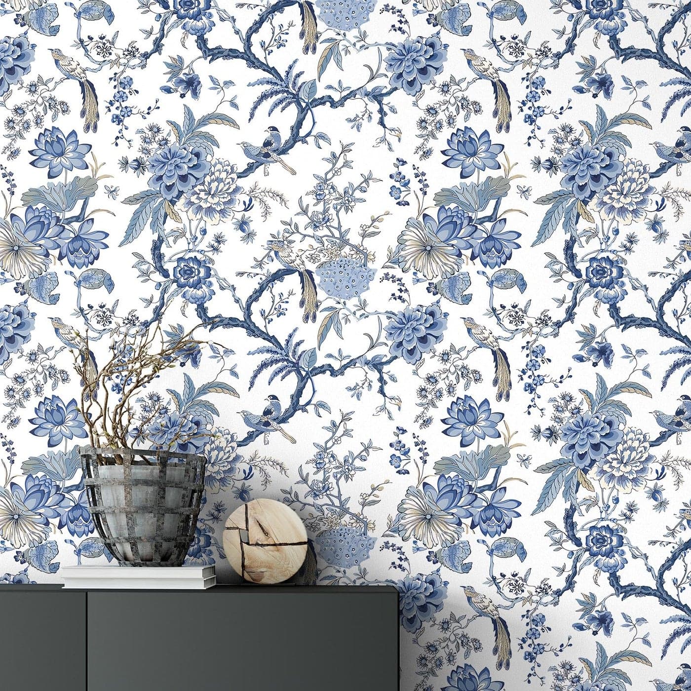 Drydiet Chinoiserie Peel and Stick Wallpaper Removable Self Adhesive Wallpaper Floral Birds Contact Jacobean Vintage Contact Paper for BedroomBlue and White1181 X 1575