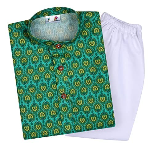 superminis Baby Boys Printed Cotton Kurta With White Pyjama Dress (9-10 Years, Green)