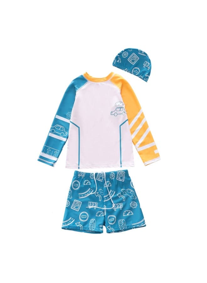 Ins Children's Suit Split Long Sleeve Swimsuit 2023 Boys' Small Medium Large Children's Large Boxer Swimwear Wholesale-Color:D2420-25MZ Dark Green Gallop Flying Car (full Lining Of Swimming Trunks)-