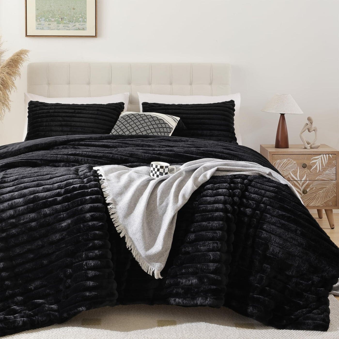 Smoofy Fluffy Full Size Comforter Sets 3 Pieces Black Fleece Fluffy Comforter Set Luxury Fuzzy Full Bed Set Soft Comforter Full Size All Season Heavy Faux Fur Comforter with 2 Pillow Cases
