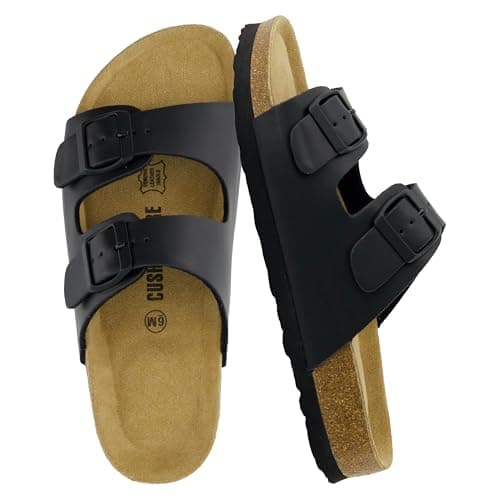 CUSHIONAIRE Lane Cork Footbed Sandals for Women – Comfortable Double Buckle Slip-On with Genuine Suede Footbed & Arch Support Slides for Women Footwear, BLACK 7.5