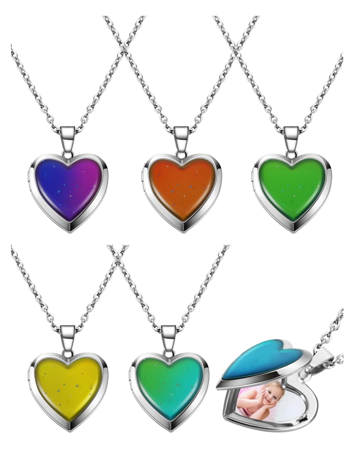 Hicarer Heart Mood Locket Necklace for Girls Kids Locket Color Changing Necklace Stainless Steel Temperature Sensing Mood Heart Shape Photo Pendant Birthday Valentines Gift(4 Pieces)