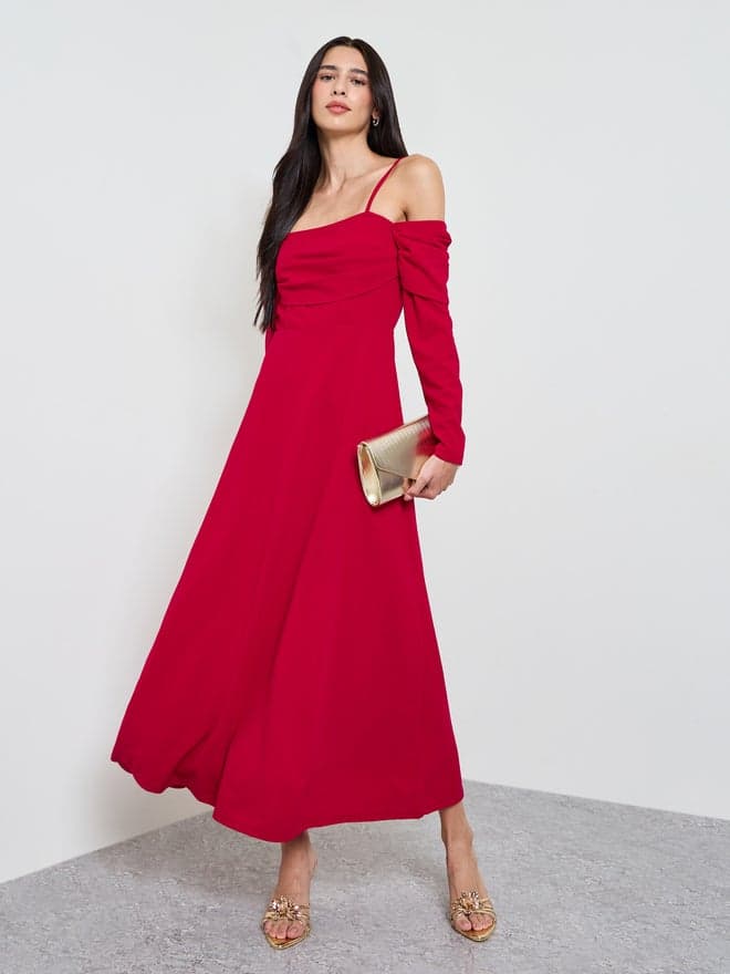 Styli Red Cold Shoulder A-Line Maxi Dress — M