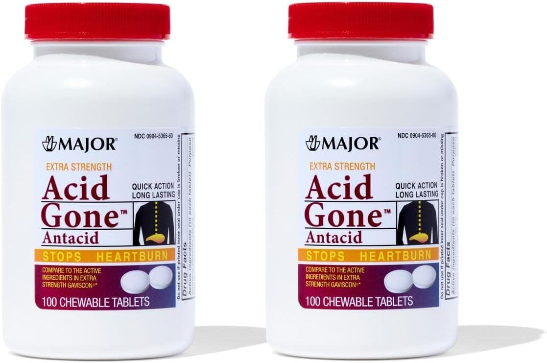 Major Acid Gone Extra Strength Antacid Chewable Tablets - Acid Reflux Relief for Adults - May Help Reduce Symptoms of Upset Stomach, Acid Indigestion, and Heartburn - 100-Count - (2 Pack)