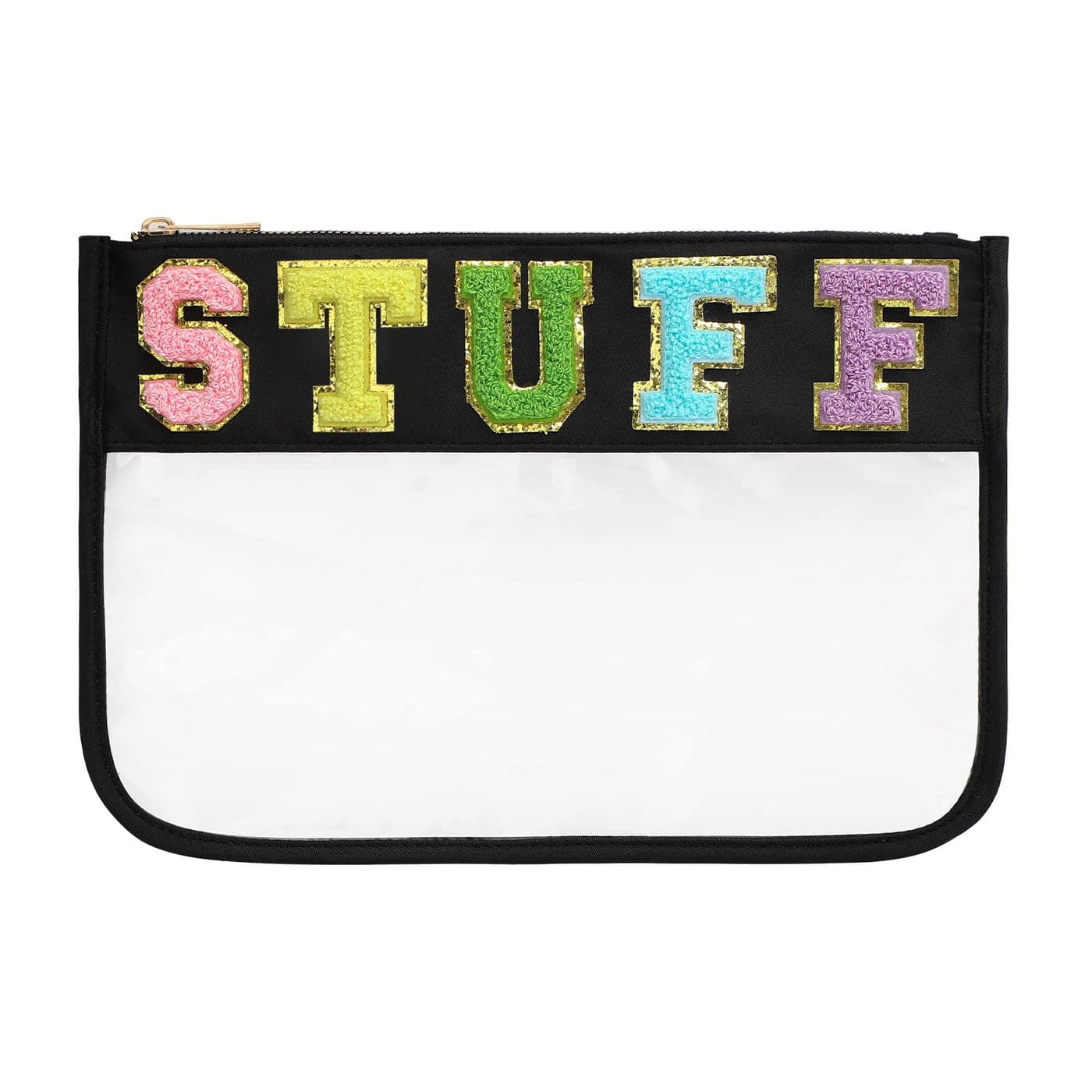 DYSHAYEN Chenille Letter Clear Zipper Pouch for TravelNylon Clear Cosmetic BagMakeup Travel Bag for Women Girls 118 Inches x 82 Inches BlackStuff