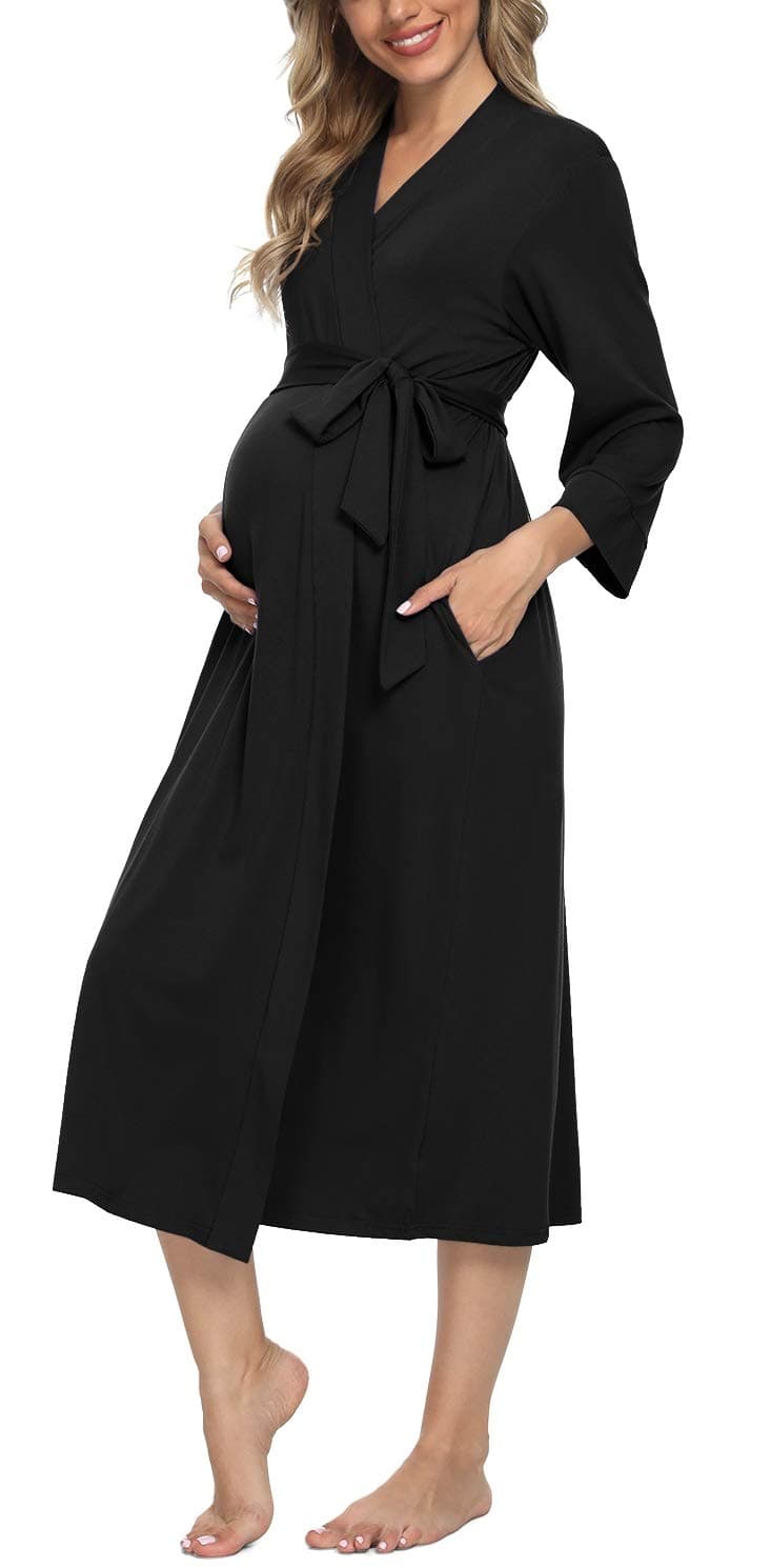 Xpenyo Women's Maternity Sleepwear Robes Long Bathrobe Pregnancy Loungewear Labor/Delivery/Nursing/Hospital Nightgown, Black M
