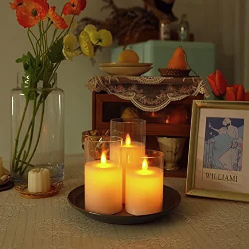 XERGY Glass Battery Operated Flameless Led Candles with 10-Key Remote and Timer, Real Wax Candles Warm White Flickering Light for Home Decoration(Pack of 3, White)