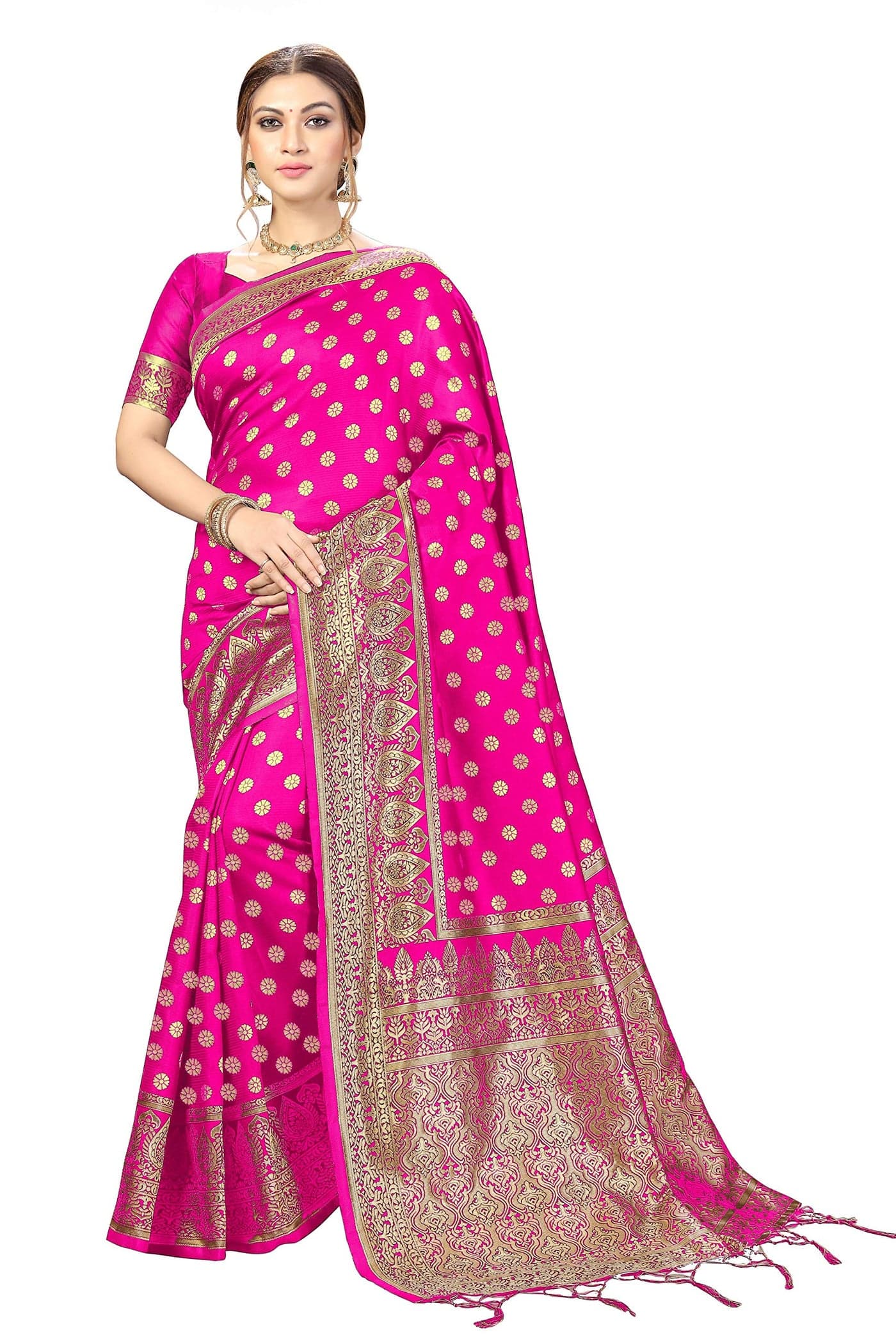 TRENDMALLS Women's Banarasi Silk Saree with Unstitched Blouse Piece (S11-Pink-)