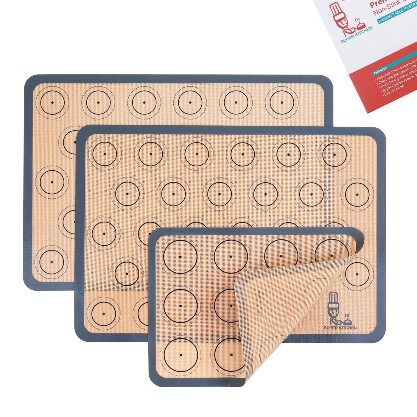 Silicone Baking Mat Macaron Set of 3 2 Half Sheet Liners and 1 Quarter Sheet Non Stick Silicon Cookie Oven Liner For Macaroons Bake Pans Pizza Toaster Cake and Bread Making 165x116 Grey