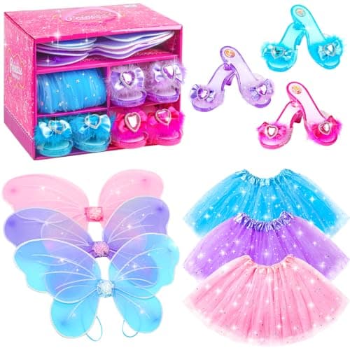 BIBUTY Princess Dresses with Fairy Wings Dress Up Clothes Pretend Play Costumes Trunk with 3 Sets of Princess Dress Up Shoes Glitter Girls Tutu Skirts and Butterfly Wings Toys for 36 yr Girls