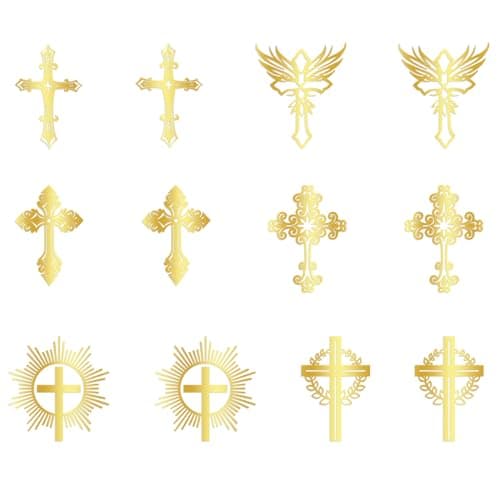 Florcmet 12pcs Gold glitter Acrylic Cross Cupcake ToppersFirst CommunionBaby shower cake topperBirthday Wedding Religious cake Decorations Party Supplies