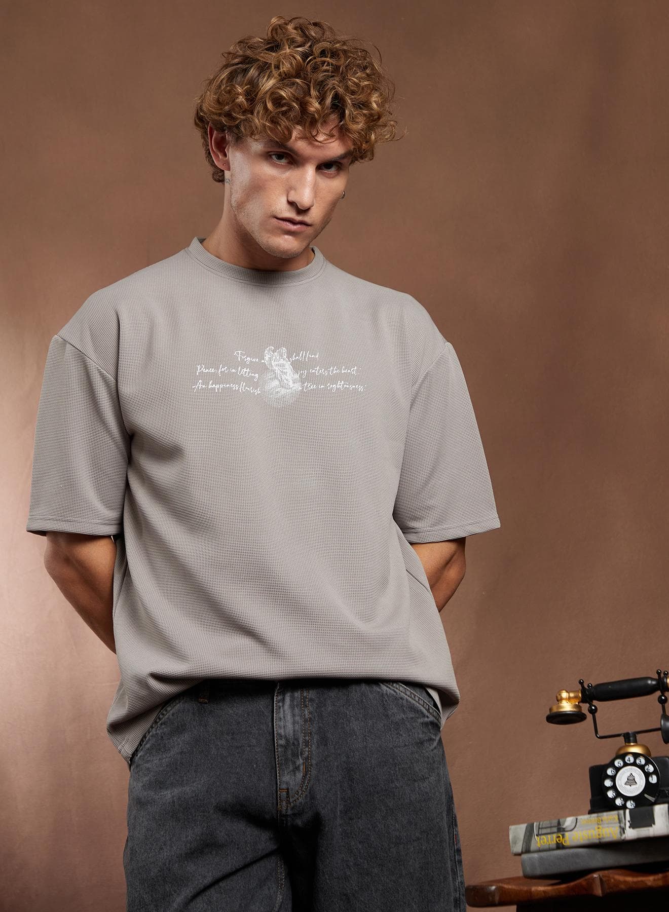 Men's Coin Grey Boxy Mytho-Modernism T-Shirt For Casual Wear | Crew Neck | Short Regular Sleeves | Pull On Closure | T-Shirt Crafted With Comfort Fit For Everyday Wear