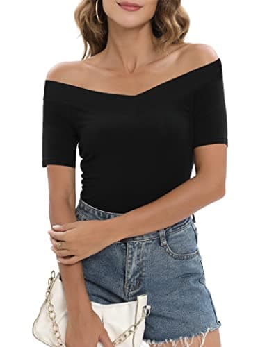 Sarin Mathews Womens Off The Shoulder Short Sleeve Tops Slim Fit Blouse Shirts Black M