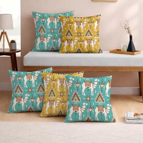 STITCHNEST Set of 5 Polycotton Cushion Covers – 12x12 Inches – Mustard & Teal Tribal Camel Print – Boho Decorative Cushion Covers for Sofa & Living Room | Perfect for Home Decor