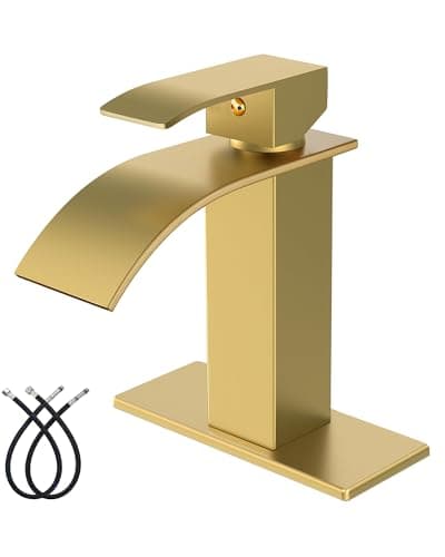 Midanya Waterfall Spout Bathroom Faucet Single Handle 1 Hole Bathroom Sink FaucetModern RV Lavatory Vanity Basin Tap with Water HoseNo DrainShort BodyBrushed Gold