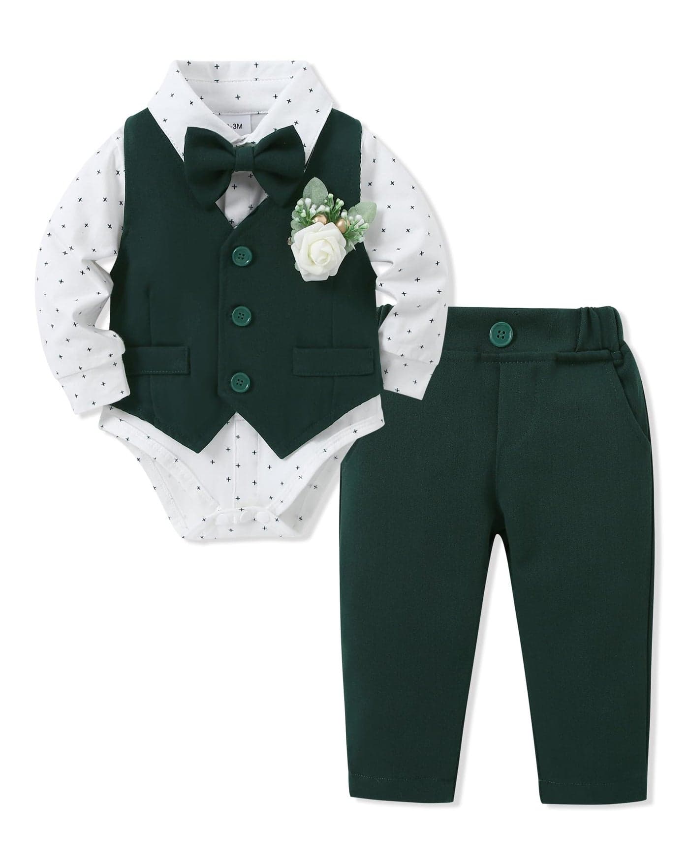 SANMIO Baby Boy Clothes Suits Infant Gentleman Outfit Collared Dress ShirtVestTieCorsagePants 5Pcs Baby Suit Sets Green