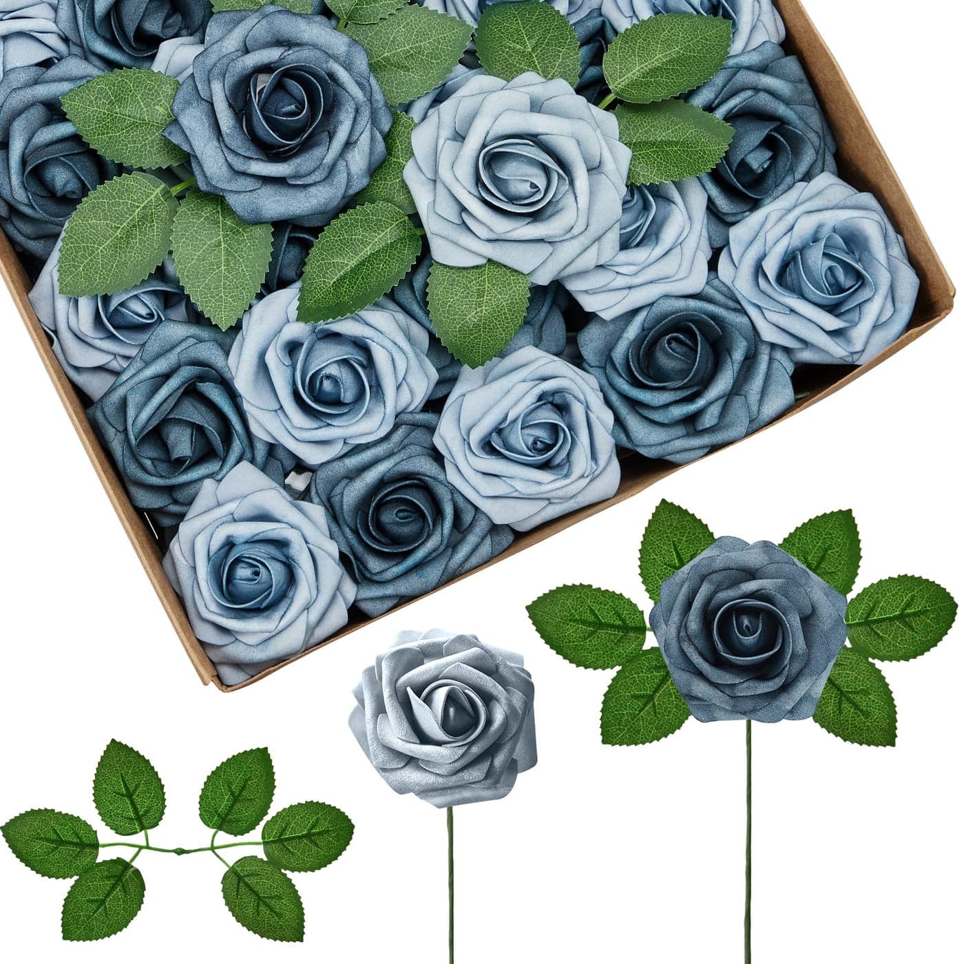 InnoGear Artificial Flowers 50 Pcs Dusty Blue Shades Foam Fake Roses Bulk with Stems for Decoration DIY Wedding Bouquets Centerpieces Bridal Shower Party Christmas Tree