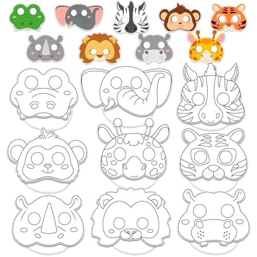Lonfliness 36 Set Animal Coloring Mask Jungle Paper Arts Crafts Kids Color Your Own Wild Lion Blank DIY Mask Masquerade Birthday Party DressUp Decoration Favor School Classroom Activity Game Supplies