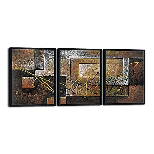 Pyradecor Black Framed Canvas Wall Art Modern 3 Piece Canvas Prints Abstract Brown Landscapes Pictures Paintings for Living Room Bedroom Kitchen Decorations