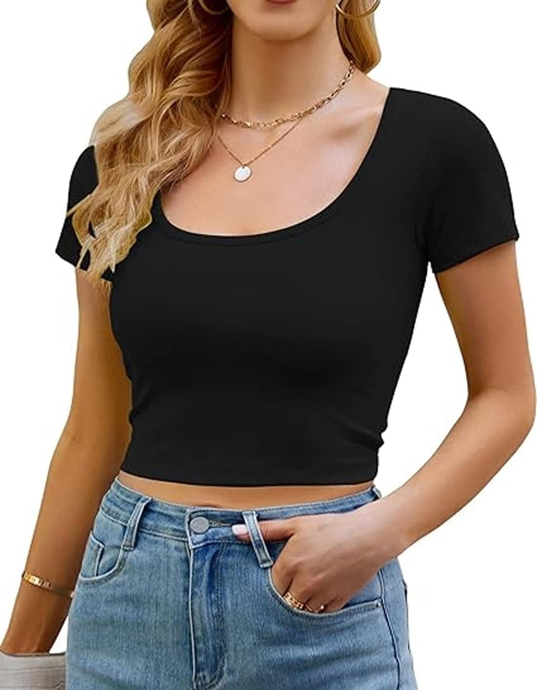 Stars and You Women Short Sleeves Cotton Slim Fit Crop Top (Small,Black)