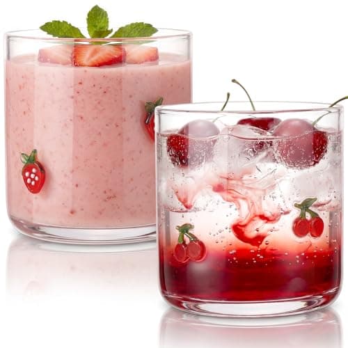 Skylety Set of 2 Cherry Icon Juice Glass 14oz Coquette Strawberry Glass Cup Coquette Coffee Mug Gifts for Women Girls Mother's Day Birthday Bridal Shower Gifts
