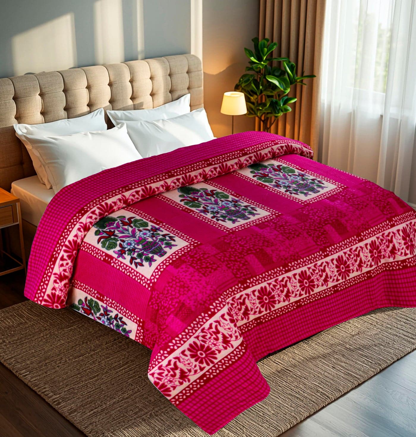 CHANDRAVATI Fleece|| Quilt Cover/Duvet Cover/Rajai Cover/Blanket Cover for Winters (GC-Pink, 60x90)