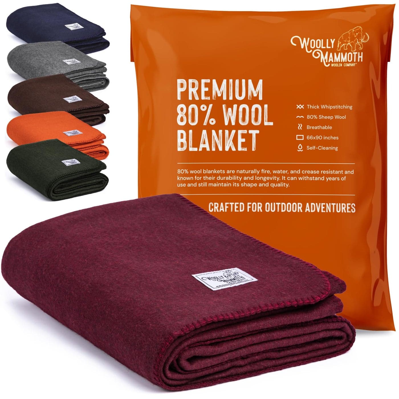 Woolly Mammoth Merino Wool Blanket Large 66 x 90 4LBS Camp Blanket Cabin Throw Cold Weather Emergency Camping Gear Hiking Survival Army Outside Outdoors Twin Size Burgundy Color