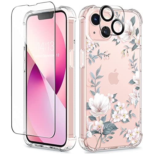 GVIEWIN Designed for iPhone 13 Case 6.1 Inch, with Tempered Glass Screen Protector + Camera Lens Protector Clear Flower Soft & Flexible Shockproof Floral Women Phone Cover(Magnolia/White)