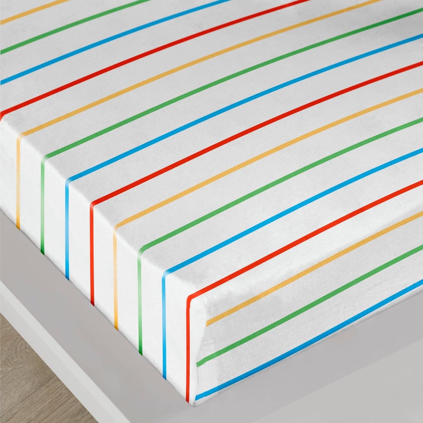 Bedlam Rainbow Striped Bed Sheet Single Fitted Sheet 190 x 90 x 28cm Rainbow Bedding MultiColour Stripe Bed Sheet in White Single Fitted Sheet with Stripes Matching Bedding Available