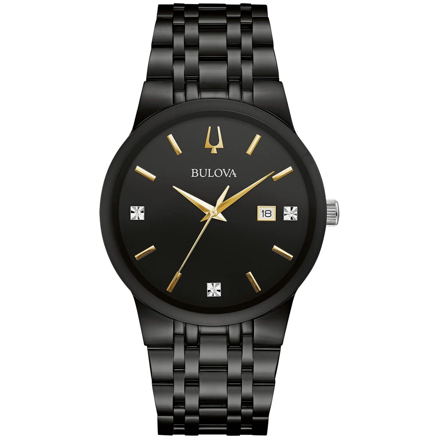 Bulova Mens Modern Black IonPlated Stainless Steel 3Hand Calendar Date Quartz Watch Gold Tone Accents and Diamond Dial 40mm Style 98D166