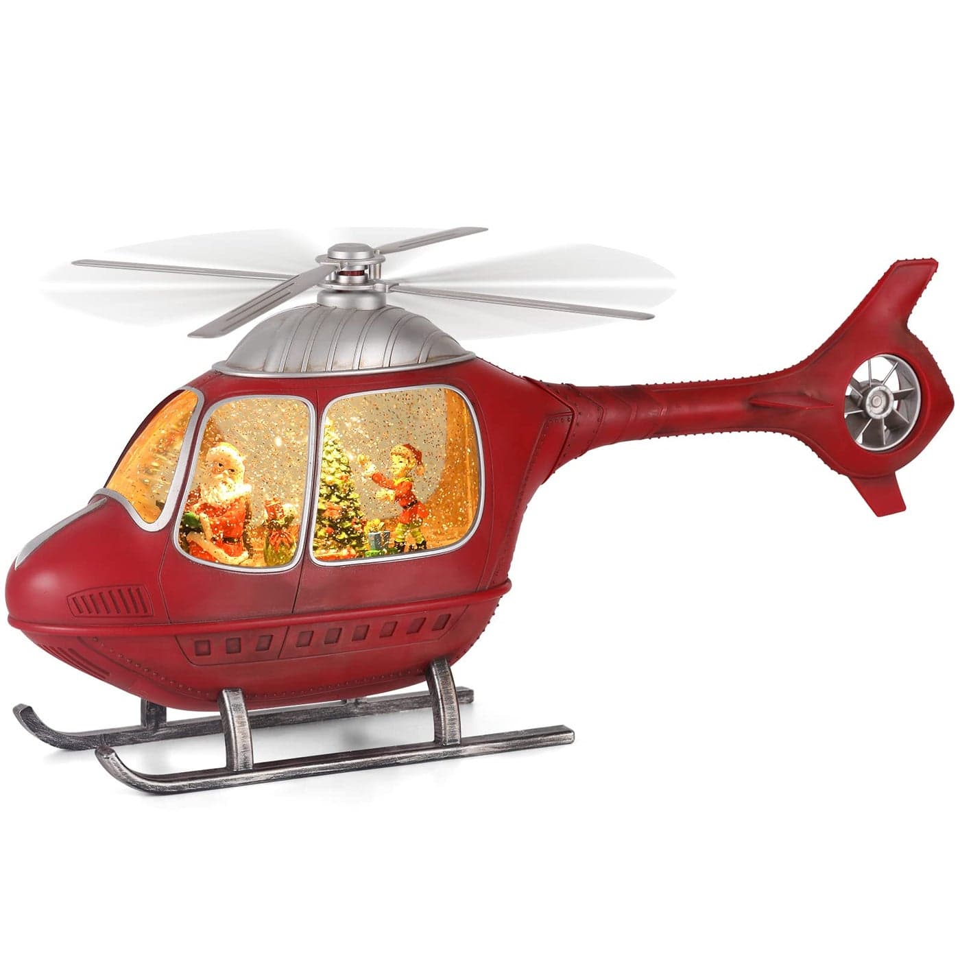 Greluna Helicopter Christmas Snow Globe USB or Battery Operated Sparkly Glitter Snow Globe Lantern with Musics for Christmas Decorations and Snow Globe CollectionRED