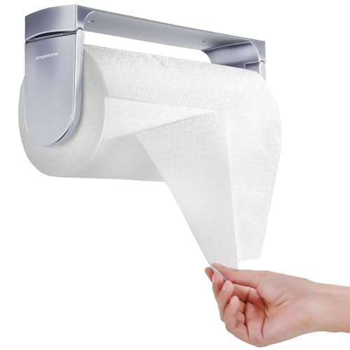 simpletome ONE HAND TEAR Paper Towel Holder Under Cabinet Adhesive or Drilling Installation Aluminum Alloy + ABS (Pearl Chrome Silver)