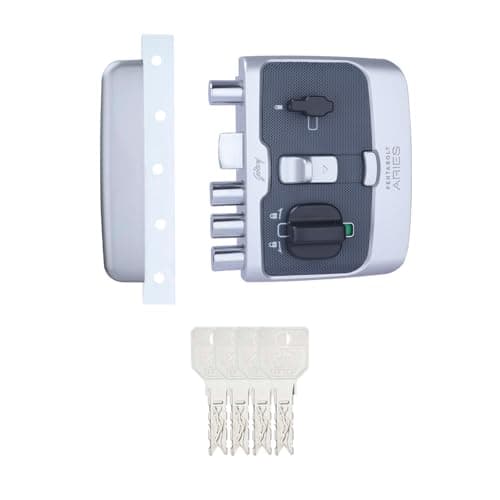 Godrej Rim Lock I Pentabolt Aries 3KS I 5 Bolts I 1CK Latchbolt I for Main Door I for Inside Opening Door l Left/Right Handed Doors I 4Keys I 15Year Warranty I Automatic Locking I Roman Silver Finish