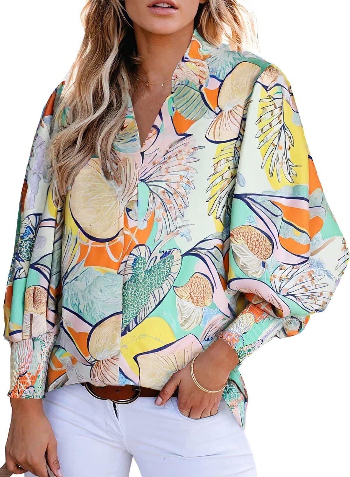 Astylish Ladies Elegant V-Neck Lantern Sleeve Blouses & Button-Down Shirts Paisley Print Pattern Cute Boho Tops Green Medium