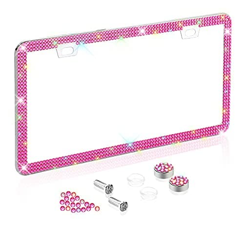 Car Bling License Plate Frame Sparkly 2 Holes 3 Row Acrylic Crystal Stainless Steel Universal License Plate Frame with Screw Caps Covers for US Auto Vehicles 1 Pack Pink