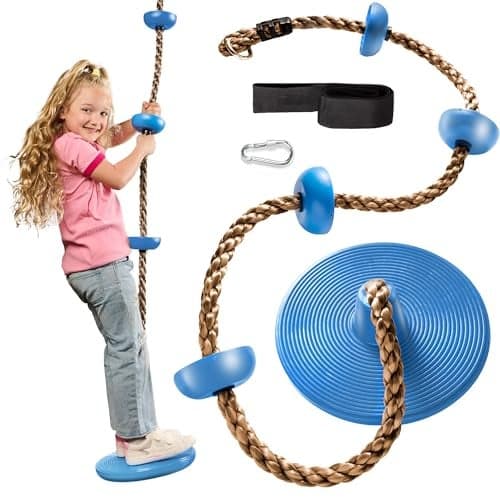 Jungle Gym Kingdom Tree Swing for Kids Single Disc Seat and Brown Climbing Rope Set wCarabiner and 4 Foot Strap Treehouse and Outdoor Playground Accessories Blue