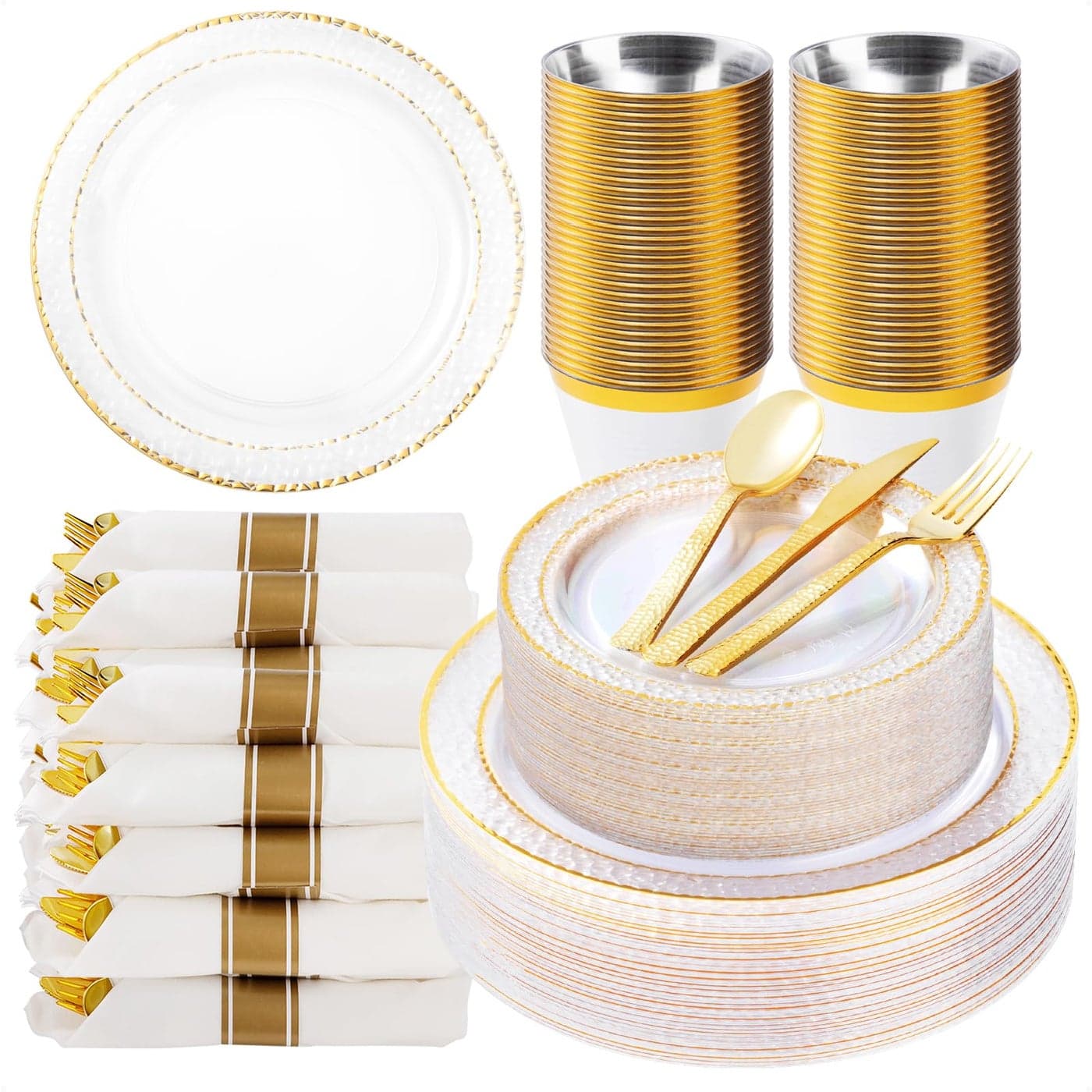 Bestluck 350PCS Clear Plastic Plates with Gold Trim for 50 Guests Disposable Dinnerware Set for Party Wedding Includes 100 Plastic Plates 50 Pre Rolled Napkins with Gold Silverware 50 Cups