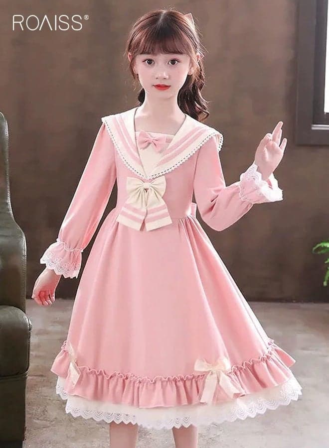 Girls Ruffle Dresses with Bowknots, Stylish A-line Dress with Sailor Collar, Long Sleeve Frock with Waist-shaping Design, Elegant Princess Dress for Girls, Suitable for Daily Wear and Outdoor Activities