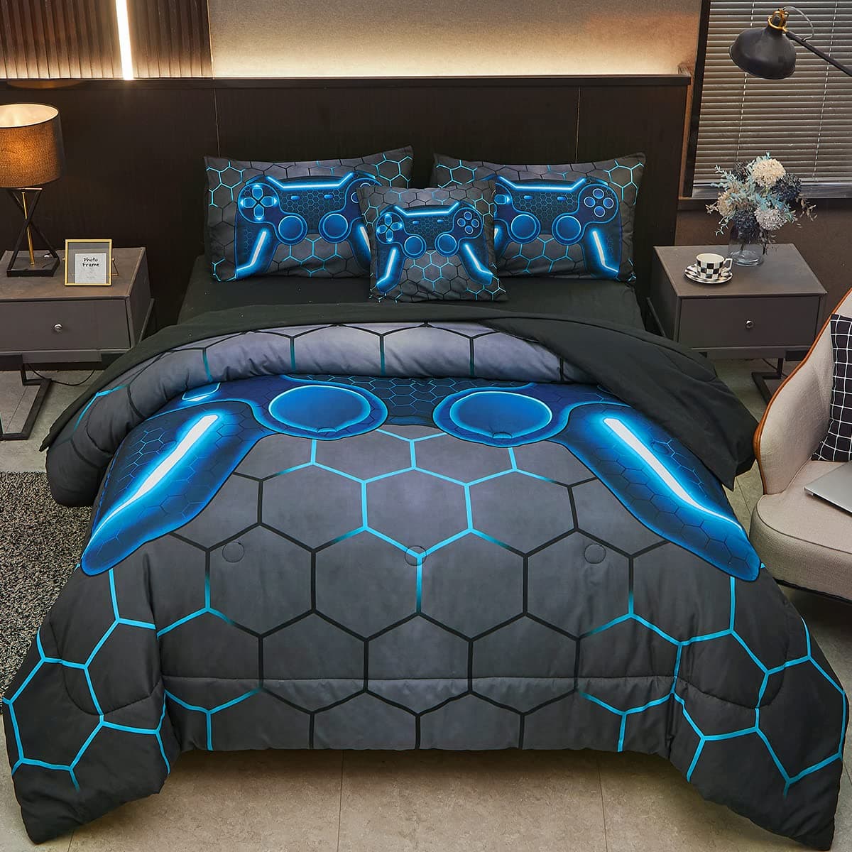 Tasselily Game Console Blue Comforter Set with Sheets 6 Pcs Bed in A Bag Geometric Lightweight Boys Full Size Bedding Set for Kids Teens