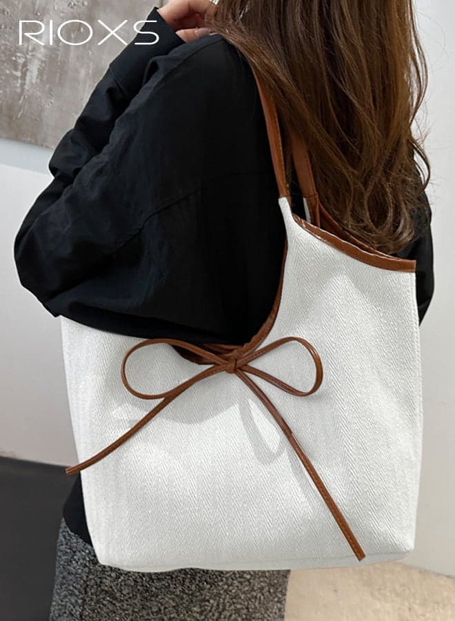 Women's Tote Bag with Bow Decoarttion, Top Handle Large Capacity Shopping Shoulder Handbag Travel Purse Features Contrast Binding, for Vacation Work Dating Party